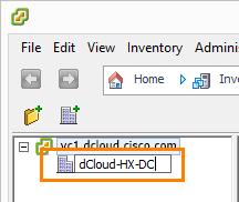 b. 새로만든데이터센터의이름을 dcloud-hx-dc 로변경한뒤확인 그림 5. 데이터센터의이름을변경 3. 아래내용에따라클러스터를생성 : a. vc1.