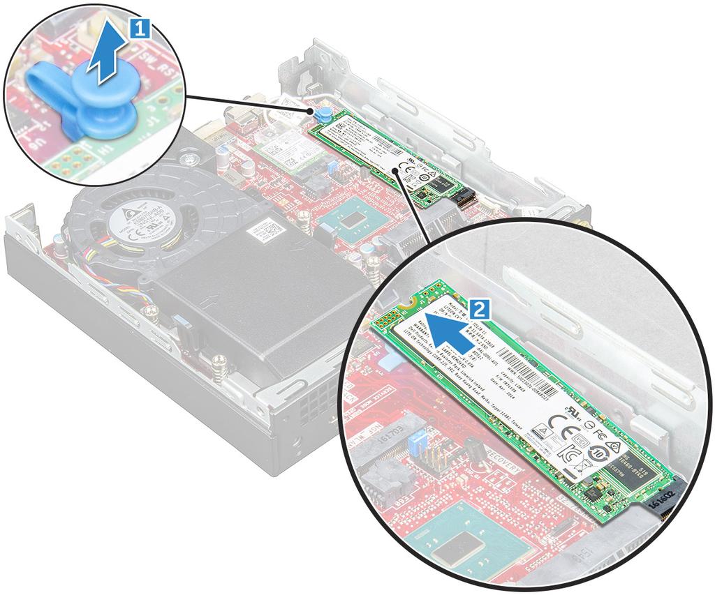 M.2 PCIe SSD 설치 1 M.2 PCIe SSD 를커넥터에삽입합니다. 2 파란색탭을눌러 M.2 PCIe SSD 를고정합니다. 3 다음을설치합니다 : a b 2.5인치드라이브조립품덮개 4 컴퓨터내부작업을마친후에의절차를따릅니다.