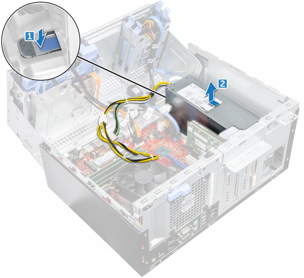 5 PSU 를분리하려면 : a 분리탭을누릅니다 [1]. b PSU 를밀어컴퓨터에서들어올립니다 [2].