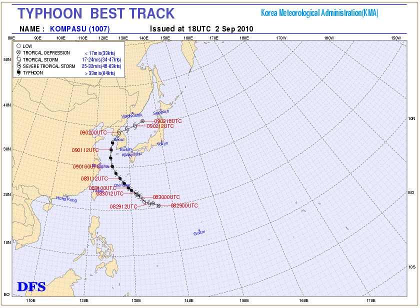 47 그림 38 태풍 곤파스 (KOMPASU) 의진로도 (2) 태풍강도태풍 곤파스 (KOMPASU) 는 2010년 8월 29일 21시경일본오카니와남동쪽약 880km부근해상 (21.2 N, 134.4 E) 에서강도는약, 크기는소형인태풍으로발생하였다.