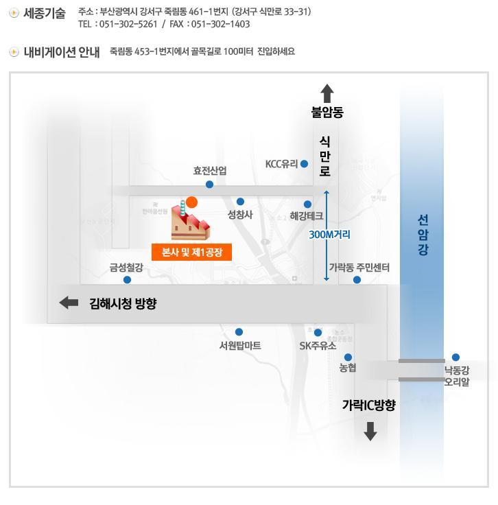 11. 찾아오시는길 세종기술본사주소 : 부산광역시강서구식만로 33-31 ( 죽림동 461-1 번지 ) TEL : 051-302-5261 / FAX : 051-302-1403 지사주소 :