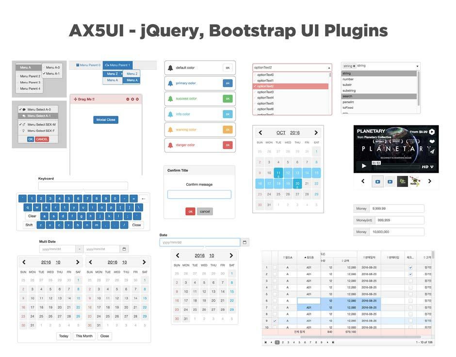 [ 그림 1] AX5UI jquery, Bootstrap UI Plugins AX5UI 초기설계당시, AXISJ 를개발하면서봉착했던모듈화및배포문제를해결하기위해 Git Subsplit(https://github.