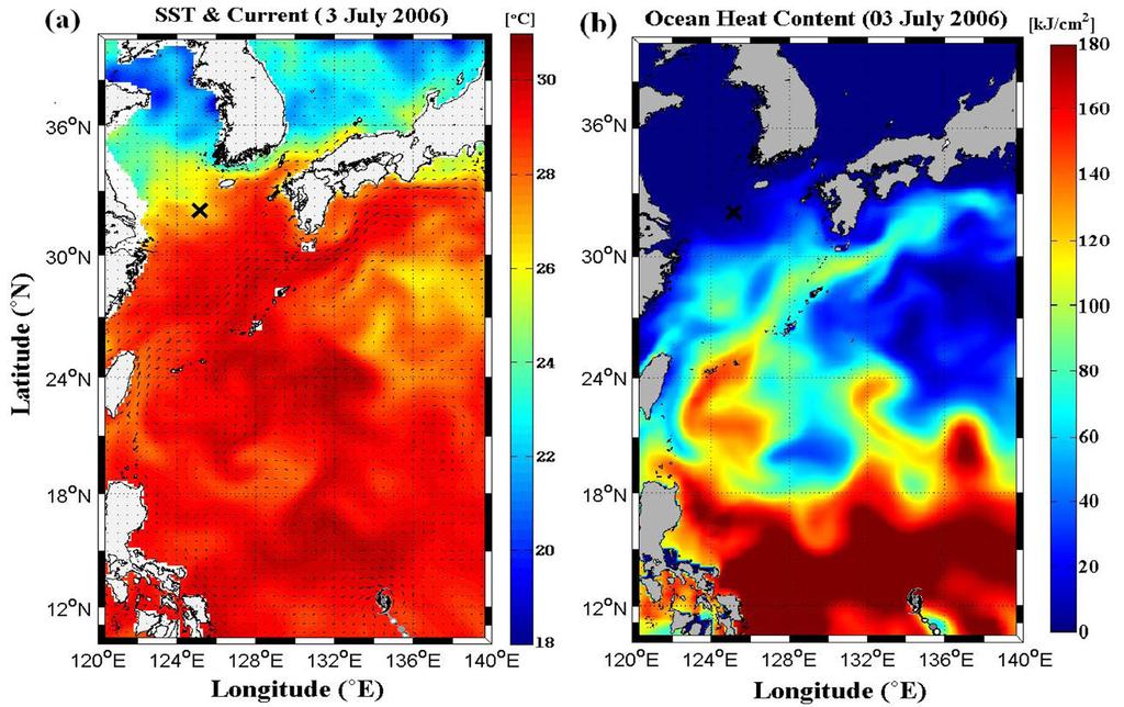 4 태풍에위니아 (0603) 통과후상층해양변동특성과영향 Fig. 2. Comparison of initial water temperature profiles between ocean model (black line) and ARGO observations (Gray line).