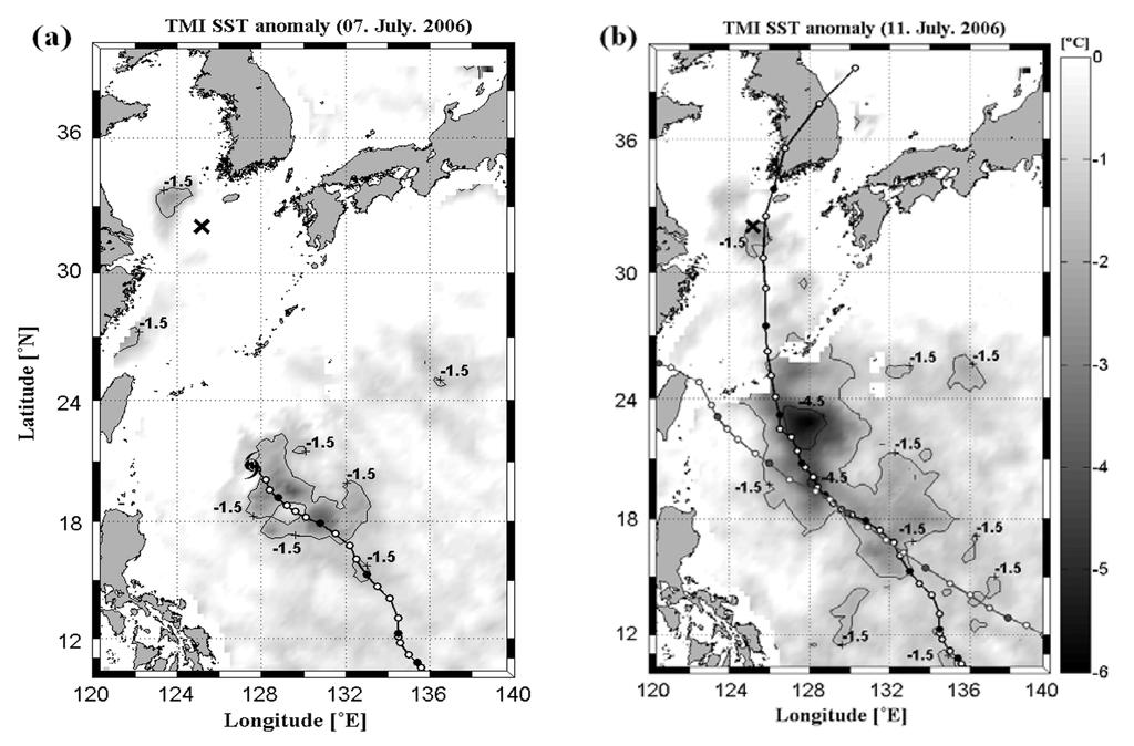 6 태풍에위니아 (0603) 통과후상층해양변동특성과영향 의지표가된다. 모델초기장을이용하여구한북서태평양해양열용량의공간적인분포를보면 (Fig. 3b), 해수면온도가위도에따라거의균일하게분포하는것과달리해양열용량은해양상층에존재하는물의특성에따라지역적으로다른열적분포를보인다.