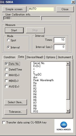 측정화면 1-3. CL-200/CL-200A 본체의설정내용은변경되지않습니다. Data No. 기타체크되어있는항목의데이터가 Excel 상으로입력됩니 다. Select Item 버튼 버튼을누르면입력데이터선택화면이표시됩니다.