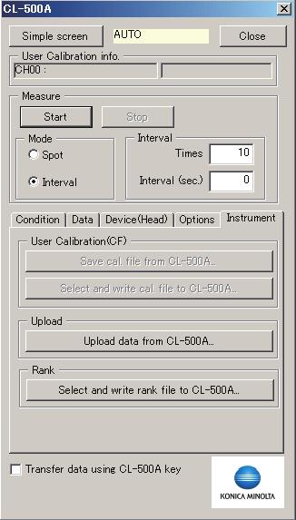 측정화면 1-2. 2 CL-500A 측정기본체에저장된각종데이터를읽어들여파일저장하거나, 파일관리된설정내용을측정기본체에쓰거나합니다. User Calibration(CF) CL-200/CL-200A 인경우에유효한기능입니다. Upload Upload data from CL-500A.