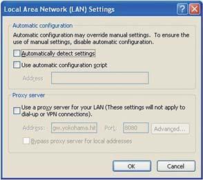 2. 기기접속과네트워크설정 2.3 수동네트워크접속설정 유선 LAN ( 계속 ) 그림 2.3.3.c Local Area Network (LAN) Settings 창 3) Local Area Network (LAN) Settings 창의모든박스의체크를해제합니다. ( 그림 2.3.3.c) 2.3.4 접속확인 1) PC 의웹브라우저를기동해다음 URL 을입력해서 PC 와프로젝터가올바르게접속되었는지확인하십시오.