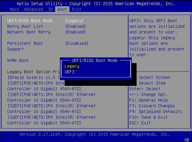 부트 모드 설정 Boot 메뉴 화면이 나타납니다. UEFI/BIOS Boot Mode 필드에 현재 부트 모드가 표시됩니 다. 주 - 부트 순서 목록의 옵션은 저장소 드라이브 구성 및 Persistent Boot Support 기능을 사 용으로 설정했는지 여부에 따라 다릅니다.