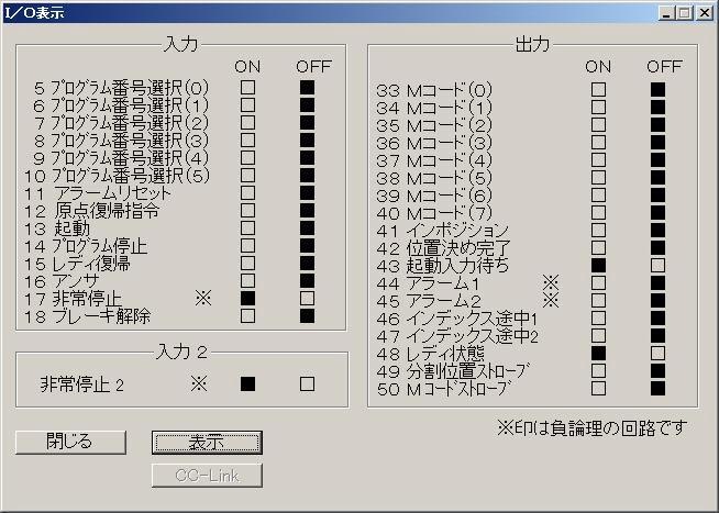 2 3 9 알람 리셋 [알람 리셋] 현재 발생되어 있는 알람을 리셋합니다. 2 3 10 현재의 동작 상황을 표시 [동작 상황 표시] 압소덱스의 동작 상황 실시간 표시를 개시합니다. 2 3 11 현재 입출력 신호의 I/O 상태를 표시 [I/O 표시] 다음의 대화창이 표시됩니다. 1. 현재의 입출력 신호 CN3 의 I/O 상태를 표시 [표시]를 클릭하십시오.