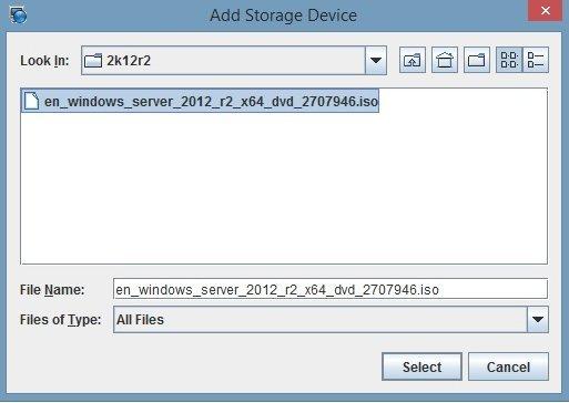 원격 설치를 위해 부트 매체 설정 Add Storage Device 대화 상자가 나타납니다. 4. d. ISO 이미지를 찾아서 선택한 다음 Select를 누릅니다. e. ISO 이미지를 선택한 다음 Connect를 누릅니다. Storage Devices 화면에 ISO 이미지가 나열됩니다.