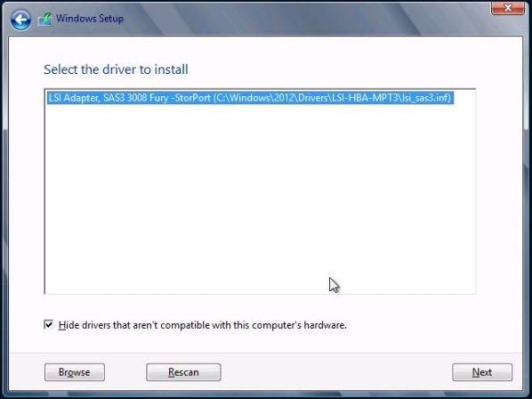 로컬 또는 원격 매체를 사용하여 수동으로 Windows Server 2012 또는 2012 R2 설치 예를 들면 다음과 같습니다. d. Select the Driver to Install(설치할 드라이버 선택) 대화 상자에서 Next(다음)를 눌러 드라이버를 설치합니다.