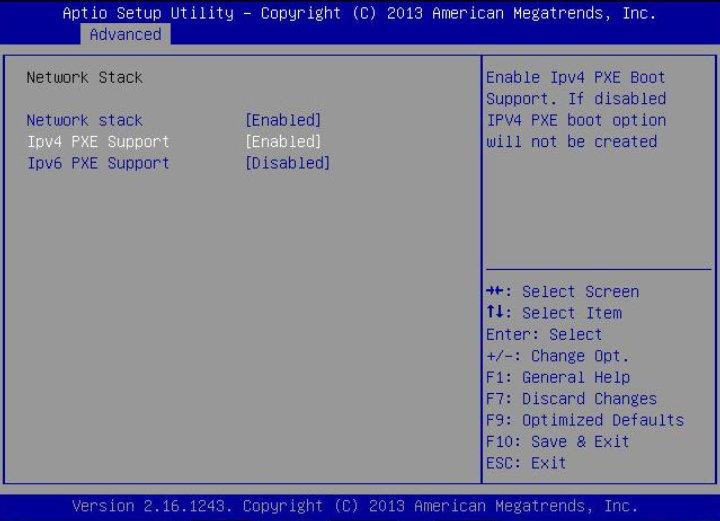 PXE 네트워크 부트를 사용하여 Windows Server 2012 또는 2012 R2 설치 BIOS Setup Utility Network Stack 화면이 나타납니다. d. e. 4. 필요한 경우 해당 PXE Support 설정(IPv4 또는 IPv6)을 Enabled로 설정합니다.