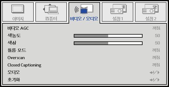 IN5312/IN5314 사용설명서 비디오 / 오디오메뉴 메뉴버튼을눌러 OSD 메뉴를엽니다. 커서 버튼을눌러비디오 / 오디오메뉴로갑니다. 커서 버튼을눌러비디오 / 오디오메뉴에서위아래로이동합니다. 를눌러설정값을변경합니다. 항목 설명 비디오 AGC 버튼을눌러비디오소스에대한자동게인제어사용 / 사용안함을설정합니다. 색농도 버튼을눌러색농도를조절합니다.