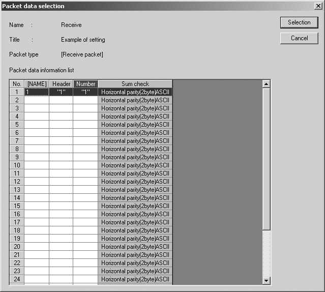 7 프로토콜 FB 용데이터설정 항목표시 / 설정내용 Packet data information list Selection 버튼 선택가능한패킷데이터정보가표시됩니다.
