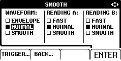 Fluke 125 사용자설명서 파형의평활화 (Smoothing) 다음과같은방법으로파형을평활화합니다. 응용프로그램메뉴를엽니다. SMOOTH 서브메뉴를엽니다. WAVEFORM SMOOTH 는대역폭손실없이잡음을억제해줍니다. 스무딩기능이있거나없는파형샘플이그림 2-11 에나와있습니다.