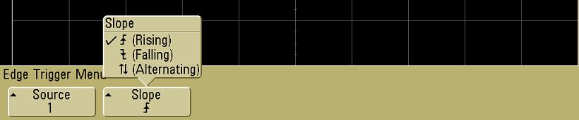 오실로스코프트리거 3 에지트리거사용방법 에지트리거유형은파형에서지정된에지 ( 기울기 ) 및전압레벨을확인하여트리거를식별합니다. 이메뉴에서트리거소스및기울기를정의할수있습니다. 기울기는라인을제외한모든소스에서상승에지, 하강에지또는교대에지로설정할수있습니다. 트리거유형, 소스및레벨은디스플레이의우측상단구석에표시됩니다.