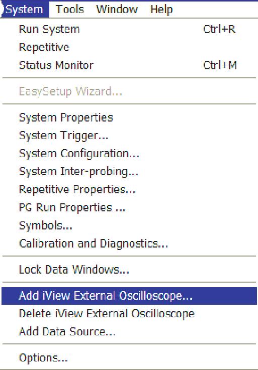 어플리케이션예제. 로직아날라이저시스템메뉴에서 Add iview External Oscilloscope...(iView 외부오실로스코프추가.