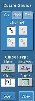 커서측정 커서는획득된데이터를측정할때사용이쉬운도구입니다.. CURSORS( 커서 ) 를누릅니다. 2. Cursor Source( 커서소스 ) 를선택합니다.