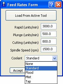 Coolant Mode ( 냉각모드 ) Feed Rates( 절삭조건 ) 창에 Coolant( 절삭유 ) 옵션이추가되었다. 툴패스를만들때절삭유를선택할수있다. 이전버전에서는 NC Program 창이나 NC Preference 창에서 Toolpath 탭에서선택해야했다. Coolant( 절삭유 ) 절삭유를정의한다.