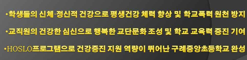 공모제교장부임과동시에전교직원에게위의교육철학을경영철학으로제시하고이 를여러차례에걸쳐설명하여공감을이루었으며, 특히인성과학력, 건강을위해지 혜를모으고자노력하고있다. 다. 건강증진학교를위해세가지학교경영목표를준비 4.