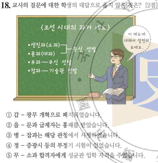 정답 : 1 * 조선시대의과거제도 과거에는문관을뽑는문과와무관을뽑는무과, 기술관을뽑는잡과가있었다. 문과는, 예조주관하에 3년마다실시하는정기시험인식년시와부정기시험인증광시, 알성시등이있었다. 문과는식년시의경우에는초시에서각도의인구비례로뽑고, 2차시험인복시에서 33 명을선발한다음, 왕앞에서실시하는전시에서순위를결정하였다. 문과 ( 대과 ) 합격자는홍패를지급받았다.