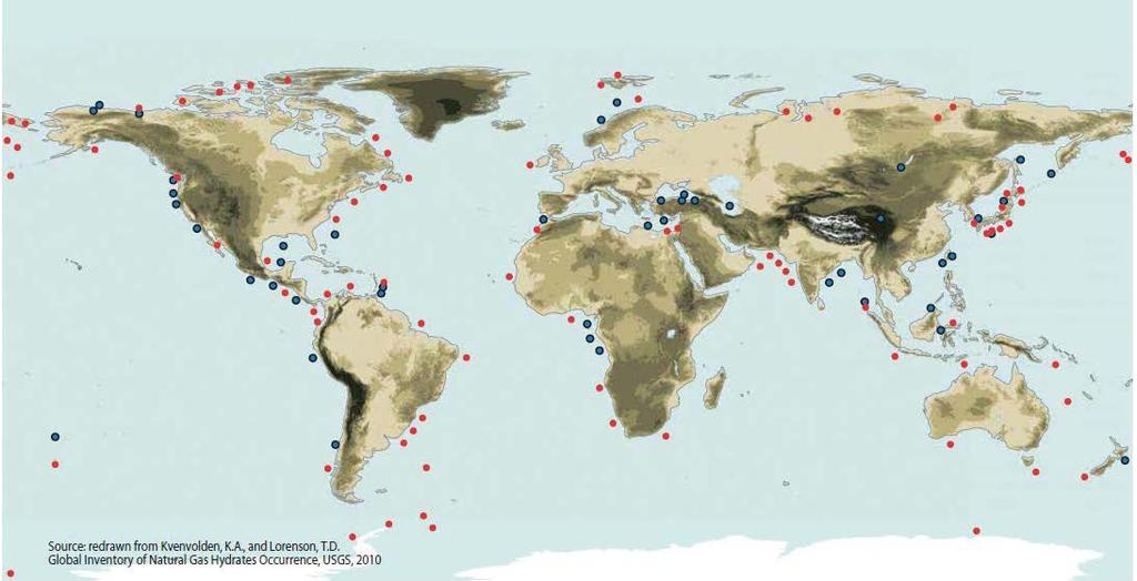 1970 대와 80년대이후국제해저시추사업 (IODP) 등각종탐사를통해전세계해양과영구동토지역에서가스하이드레이트의존재가속속히확인되었다 ( 그림 2).