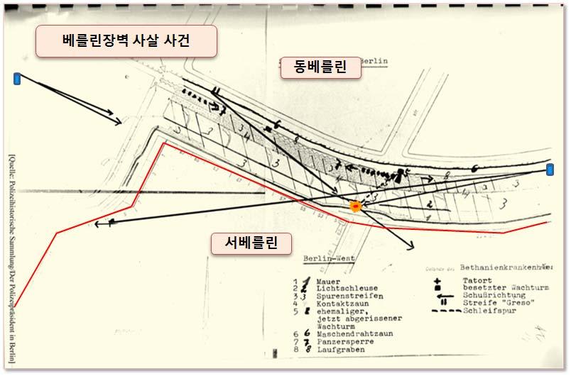 안전부문서의열람을통해확인할수있었다. 국경을통제했던국가안전부는국경통제의어떠한부분에공백이생겼는지를확인하기위해서국경지역에서의탈주자총격사건을세부적으로분석하였던것이었다. < 그림 2> 베를린장벽탈주자사살사건 출처 : 경찰역사자료수집소 ( 베를린 ) 베를린국경지역에서탈주자사살사건이있은후며칠이지나중앙기록보존소로한통의편지가도착했다.