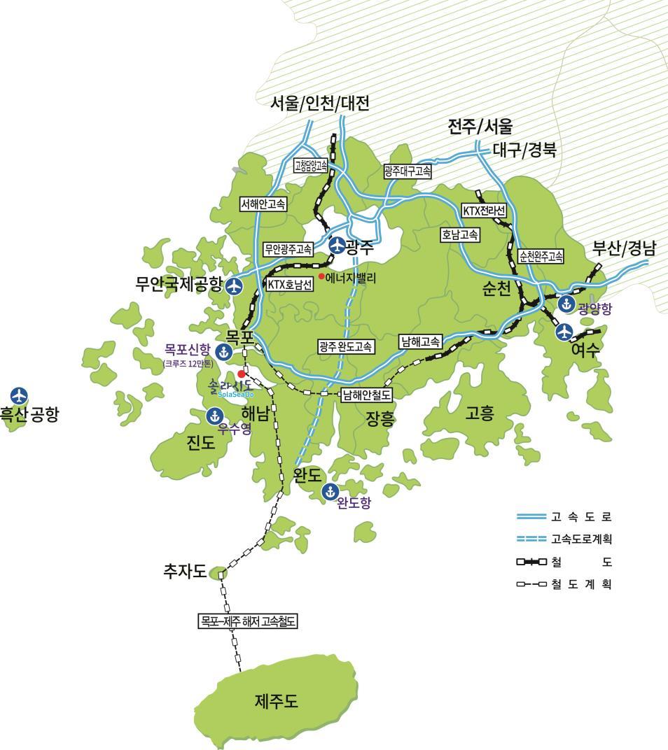 지리적여건 광역교통망 고속철도 - KTX( 서울, 2 시간 10 분 ) - KTX( 제주, 40 분대, 건설예정 ) - 남해안철도 ( 부산, 2 시간대, 2020 년완공 ) 고속도로 - 서해안고속도로 ( 서울, 3 시간대 ) - 남해고속도로 ( 부산, 3 시간대 ) - 광주 ~ 완도고속도로 (2020