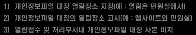 2-2. 보유단계에서의업무 개인정보파일열람 개인정보파일열람조치 보유하고있는개인정보파일대장을정보주체가열람할수있도록해야함 정보주체의정보열람을위해서 1) 개인정보파일대장열람장소지정 ( 예 : 열람은민원실에서 ) 2) 개인정보파일대장의열람장소고시 ( 예 : 웹사이트와민원실 ) 3)