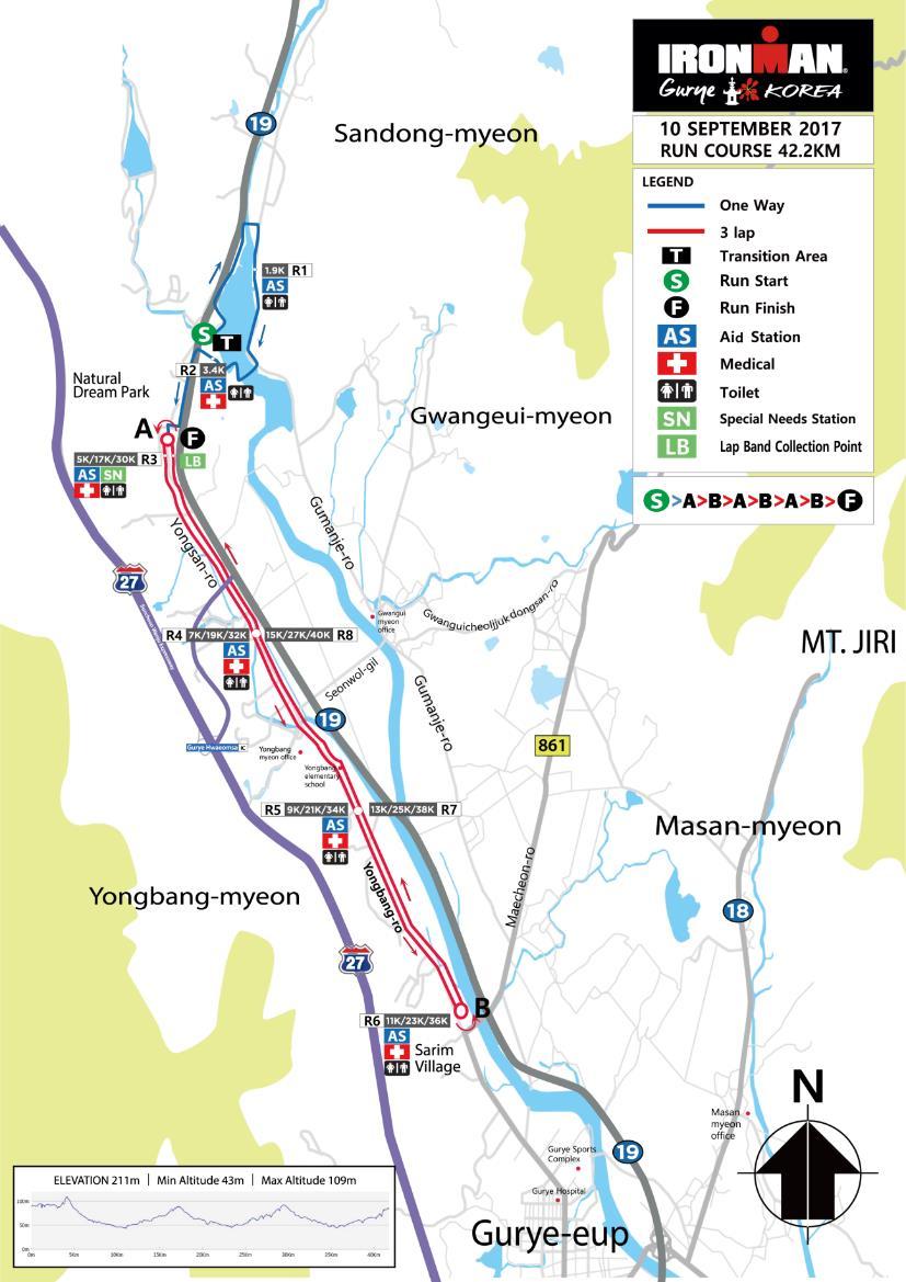 런코스 42.2KM 컷오프타임 개인출발시간기준 17 시간바꿈터를나서자마자지리산호수를한바퀴돌아경관다리를건너게됩니다. 곧이어자연드림파크를지나며널찍한 2 차선도로로나와사림마을반환점까지약 6.4km 를달리게됩니다. 이구간을 3 회전달린후피니쉬로향합니다. 약 2km 마다 8 개의보급소가런코스에설치될것입니다. 총 2 개의랩밴드를받은선수는이후결승선으로향하면됩니다.