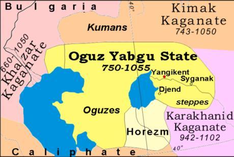오구즈 (Oğuz) 의어원은분명하지않다. 터키어로는 부족 이나 화살 을뜻하는 ok 에서파생한말로, 접미사 z 는고대투르크어문법에서복수를의미한다. 중앙아시아의서부지역에살았던고대유목민족으로 오구즈투르크 라고도한다. 카자흐스탄지역에서 750년부터 1055년까지오구즈야브구 (Oghuz Yabgu) 왕조를세워통치하였다.