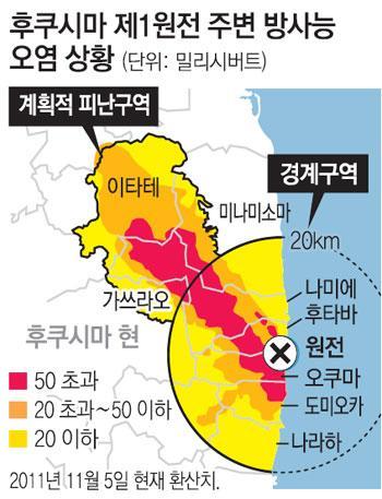 3 월 15 일미국대사관은자국민에게원전인근 80km 밖대피권고 좌측그림 : 그린피스, 방사능방재계획 2013-3 월 11 일, 방사능비상사태발표후 4