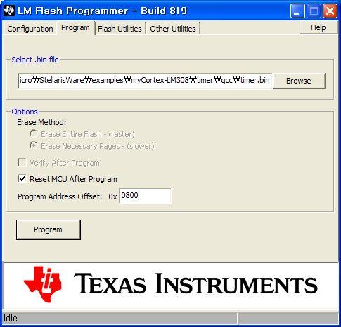 그림 9 LM Flash Programmer 설정및프로그래밍 Configuration 탭의설정을마친후 Program 탭으로전환하면그림 9 의우측과같은화면을볼수있습니다. 이화면에서다운로드하고자하는바이너리를선택하고부트로더를경유하여플래시메모리에다운로드할수있습니다. Select.bin file 항목에다운로드하고자하는바이너리파일의경로와이름을입력합니다.