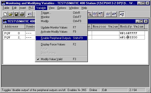 주변출력사용허가 (S7-400 전용 ) Date: 2002-02-23 File: PRO2_11e.30 Information and 소개 "enable peripheral outputs" 기능은주변출력 (PQ) 의출력사용금지를해제합니다. 이기능은 CPU 가 STOP 모드일때주변출력을수정할수있게합니다. 설정주변출력을사용할수있게하려면다음과같이진행합니다. 1.