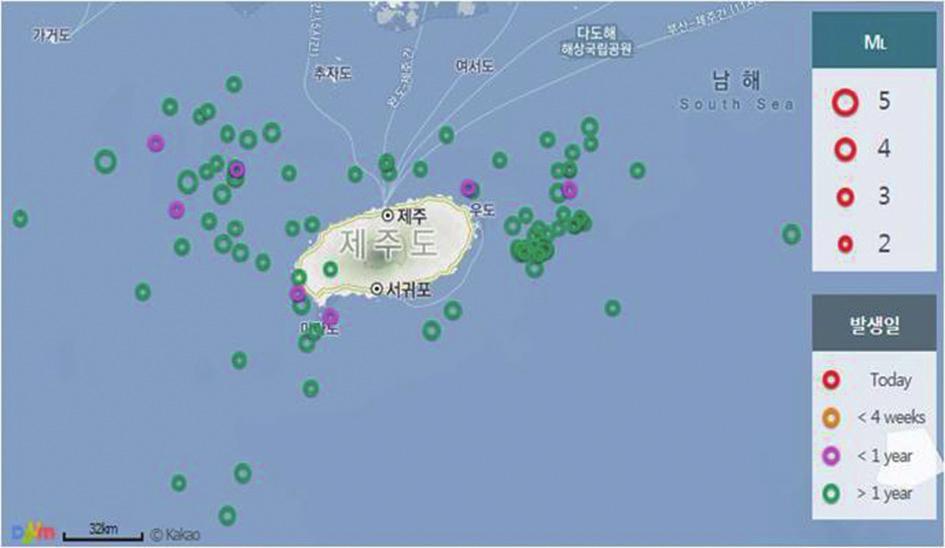 6 Jeju Research Institute 그림 3. 제주지역의규모별지진발생현황 (1978 2016 년 ) 그림 4. 제주지역의지진진앙지분포 (1986 2016 년 ) ( 규모 2.