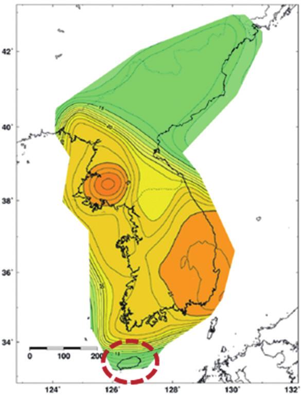 13~25, 제주도 13~16 - 경재복등 (2016) : 한반도전역 11~28, 제주도 11~14 (a) 한국지질자원연구원 (2012) (b) 소방방재청 (2013) (c) 경재복등 (2016) 그림 8.