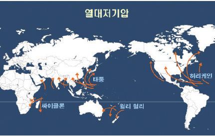 차북상하여편서풍 ( 偏西風 ) 을타고북동진 ( 北東進 ) 한다. 태풍의양면성강한바람과많은비를동반하는태풍은엄청난피해를입히는것은사실이지만늘해로운것만은아니다. 태풍은중요한수자원의공급원으로물부족현상을해소한다. 한예로 1994 년여름은유난히덥고길어가뭄이극심했었다.