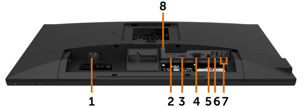밑면 라벨 설명 사용 1 AC 전원코드커넥터 전원케이블을연결합니다. 2 HDMI 포트 HDMI 케이블로컴퓨터연결 ( 선택구매 ). 3 DP 커넥터컴퓨터 DP 케이블을연결합니다. 4 VGA 커넥터컴퓨터 VGA 케이블을연결합니다. 5 오디오라인 - 출력포트 HDMI 또는 DP 오디오채널을통해서들어오는재생오디오에스피커를연결합니다. 2 채널오디오만지원합니다.