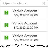 드롭다운목록에서 Incident: Vehicle Accident 를선택합니다. 맵의사건뿐아니라사건수요약, 목록및막대형차트도모두자동차사고만포함하도록업데이트됩니다. 3. 맵을누르거나클릭하여레이어필터드롭다운목록을닫습니다. 4. 맵을보고사고의지리적연관성을확인합니다.