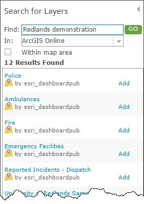 사용 Portal for ArcGIS 특정서버를검색하려면검색범위드롭다운목록을 ArcGIS Server로설정합니다. URL 텍스트상자에다음 URL을입력합니다. http://appssampleserver.arcgisonline.com/arcgis. 4. 맵에추가할레이어를검색합니다.