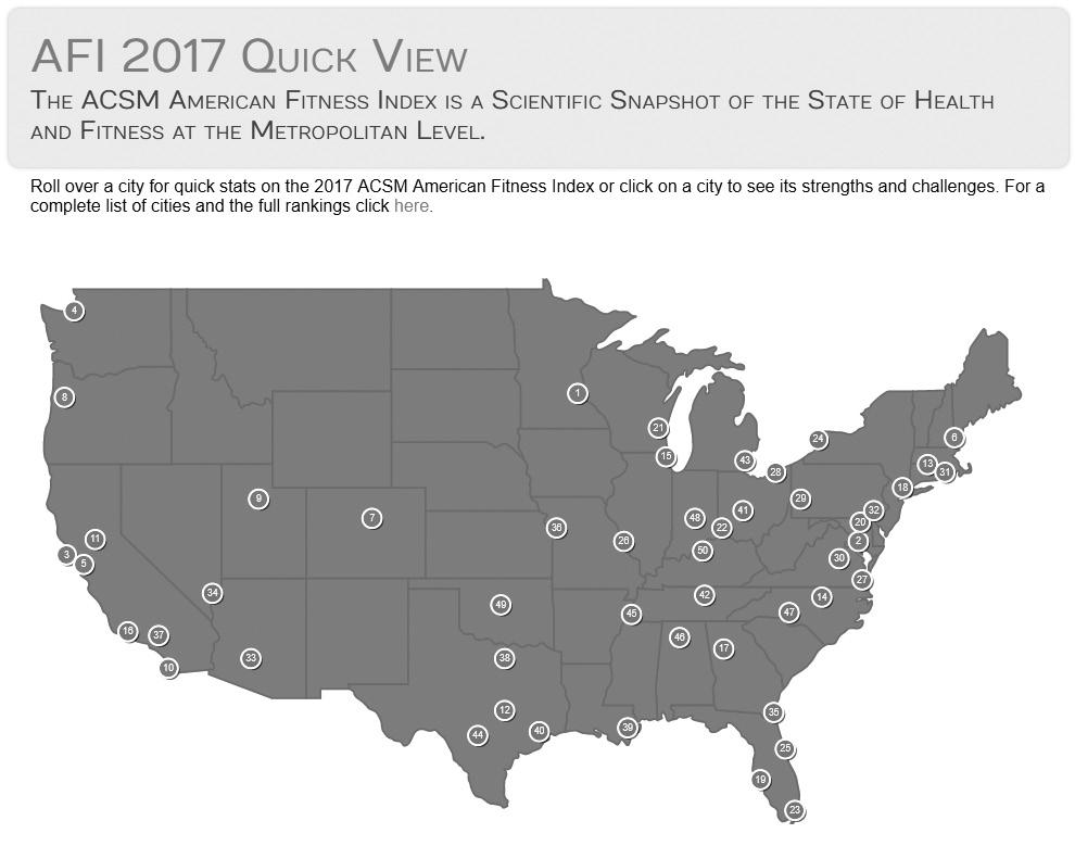 ISSUE 2 스마트헬스케어의현재와미래 그림 4. ACSM 에서제공하는미국건강지수 (AFI) 도시별건강순위 - www.americanfitnessindex.