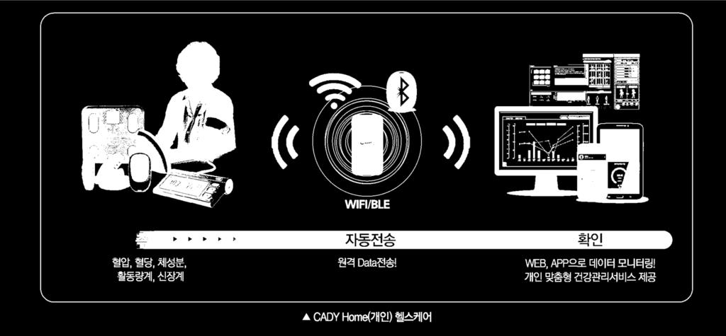 2.2 헬스케어서비스모델 ( 가정, 개인용 ) 가정내스마트폰과연동하는 CADY Home 측정장비제공 시간과장소에제약을받지않고체성분, 혈압, 혈당등손쉽게자가측정