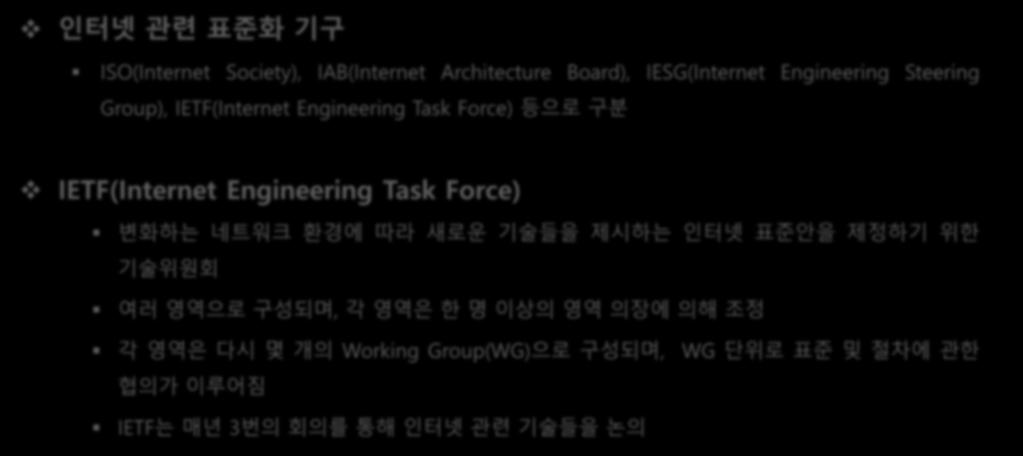 Group), IETF(Internet Engineering Task Force) 등으로구분 IETF(Internet Engineering Task Force)