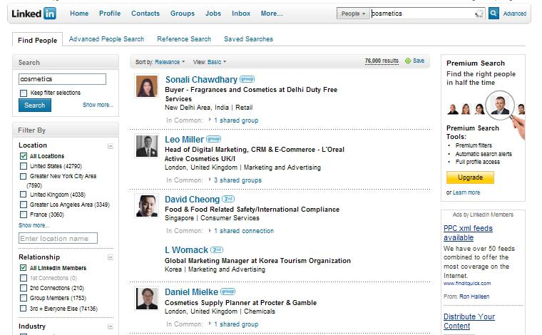 Ⅱ. Linkedin 마케팅프로세스 네트워킹 Linkedin 네트워킹방법 : 검색후네트워크구축 관심사용자검색 / 필터링 : 검색결과를