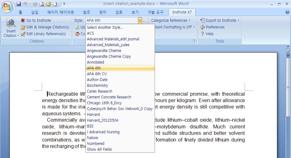 EndNote 로논문작성시인용및 References 삽입 (Cite While You Write in MS Word: CWYW) 논문작성시 EndNote 와 Microsoft Word 를이용할경우 Cite While You Write 기능을통해논문인용및참고문헌리스트를쉽게작성할수있습니다.