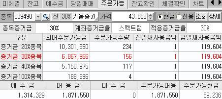 2. [4989] 키움주문 계좌관리화면 c) 주문가능 주문가능금액, 수량조회화면 - 종목증거금별로최대주문가능금액과수량조회할수있음.