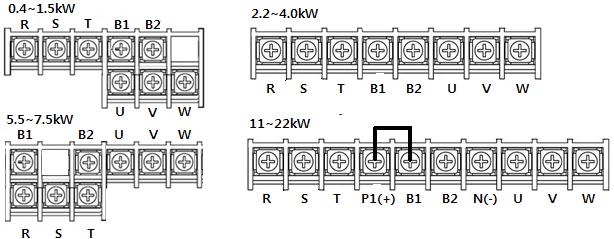 제 2 장설치및배선 2.4 파워단자대배선규격 R,S,T 굵기 U,V,W 굵기 접지선굵기 단자나사크기 단자토크 mm 2 AWG mm 2 AWG mm 2 AWG Terminal Screw Torque Screw Size (Kgf.cm)/lb-in SV004FP5-2 2.5 14 2.5 14 4 12 M3.5 10/8.7 SV008FP5-2 2.5 14 2.5 14 4 12 M3.5 10/8.7 SV015FP5-2 2.