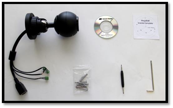 MegaBall 벽면형마운트버전 (-W) 설치설명서 내용물 : A. 벽면형마운트의 Arecont Vision MegaBall 카메라 ( 실내용 ) B. AV100 소프트웨어와사용자설명서가포함된 CD ( 녹화하려면라이선스키가필요합니다.) C. 마운트템플릿 D.