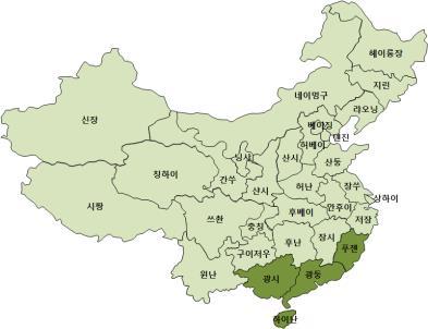 구분 포함지역 화북권역 베이징 ( 北京 ), 톈진 ( 天津 ). 허베이 ( 河北 ), 허난 ( 河南 ), 산시 ( 山西 ), 네이멍구 ( 內蒙古 ) 화동권역 상하이 ( 上海 ).