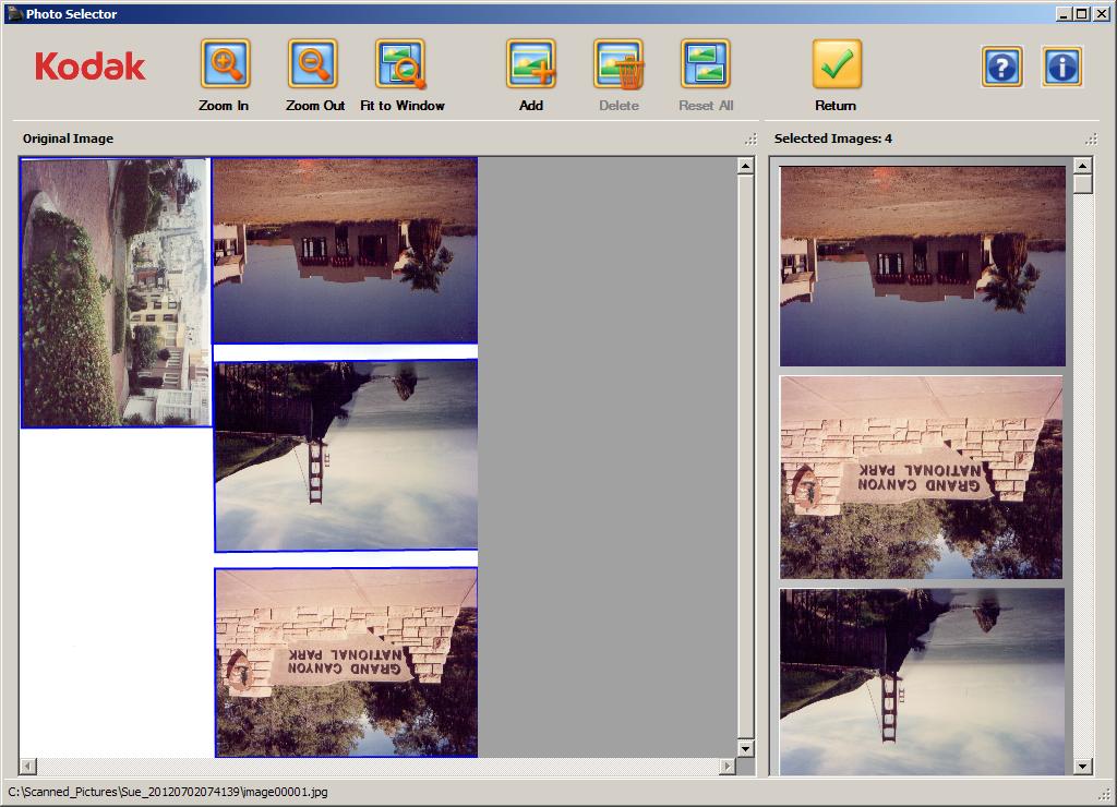 사진 선택기 화면 Kodak 사진 선택기 액세서리가 있는 경우 플랫베드 스캔 또는 플랫베드 스캔 재실행을 클릭하면 사진 선택기 화면이 표시됩니다. 이 옵션은 사 진 향상 화면에서도 사용할 수 있습니다. 참고: 이 옵션은 스캔 설정 화면에서 활성화되어야 합니다. 자세한 내용 은 이 장 뒷부분의 "스캔 설정 화면" 단원을 참조하십시오.
